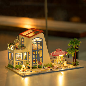 Hoomeda 13840 1/24 DIY Wooden Doll House Blue Sky With LED Furniture DIY Dollhouse