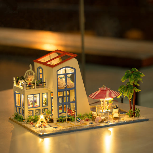 Hoomeda 13840 1/24 DIY Wooden Doll House Blue Sky With LED Furniture DIY Dollhouse