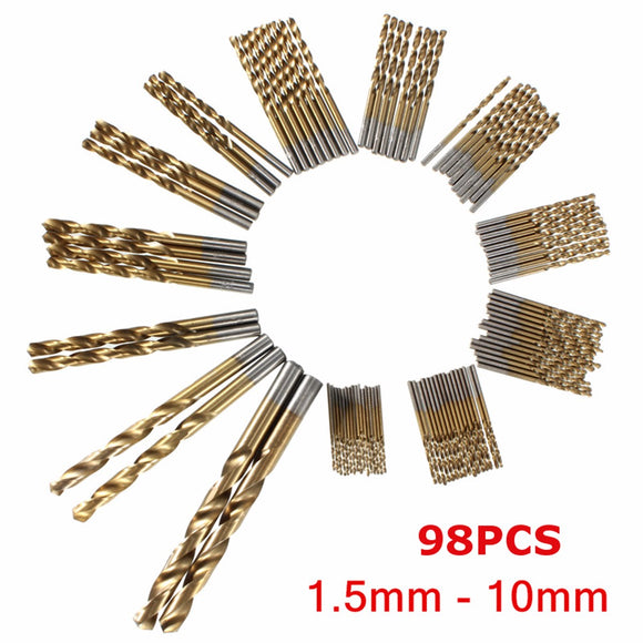 98pcs 1.5mm-10mm HSS Titanium Coated High Speed Steel Drill Bit Set