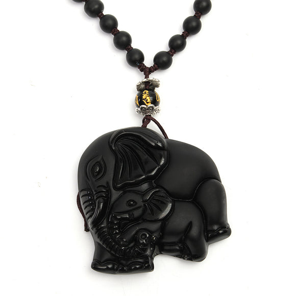 Black Obsidian Lucky Elephant Pendant Hand Carved Beads Necklace