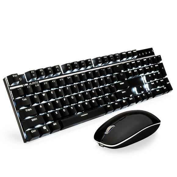 Ajazz A3008 2.4G Wireless White Backlit Mechaincal Gaming Keyboard Mouse Set Black Axis Switch Recha