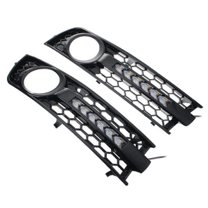 Car Fog Lights Cover Black Mesh Grille with Flowing LED Turn Signal Lamp White DRL for Audi A4 B6 2001-2005