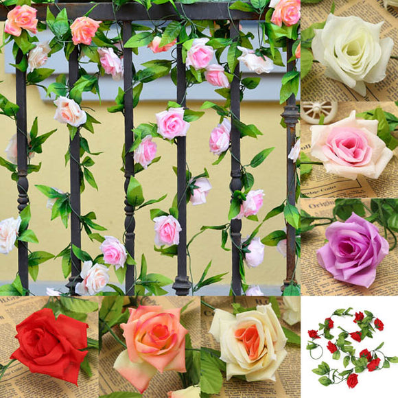 2.4m Artificial Plastic Rose Flower Green Leaves Garland Home Garden Wedding Party Decoration