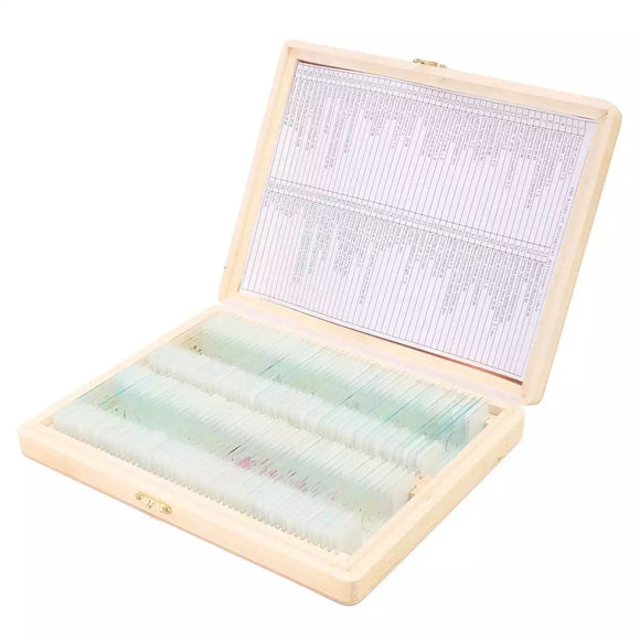 100Pcs Microscope Glass Slides Sample Glass Prepared Basic Science Biological Specimen Cover Slips Wood Storage Box Portable