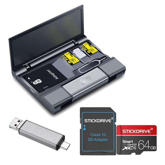 Kawau Large Capacity Card Box + Type-c USB 3.0 Micro USB Card Reader + Eject Pin Key + StickDrive 64GB Memory Card With Card Adapter