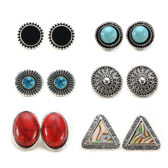 6 Pairs of Turquoise Triangle Shell Ellipse Ear Stud Alloy Earrings Set