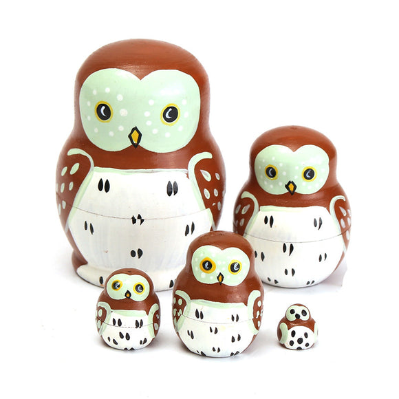 5PCS Wooden Madness Russian Babushka Matryoshka Owl Pattern Doll Nesting Doll Kids Collection Toy