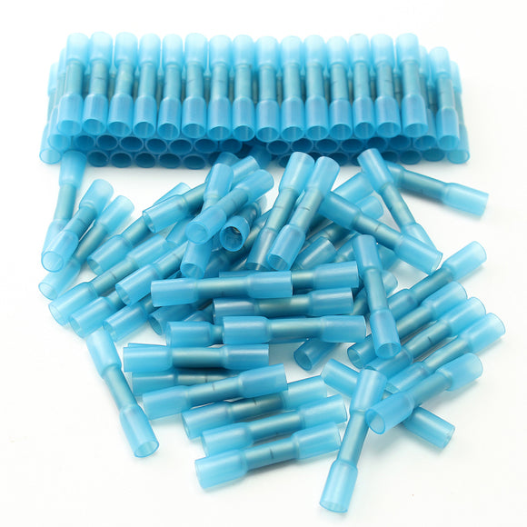 Excellway 100pcs 16-14AWG Insulation Blue Heat Shrink Butt Electrical Terminal Connector
