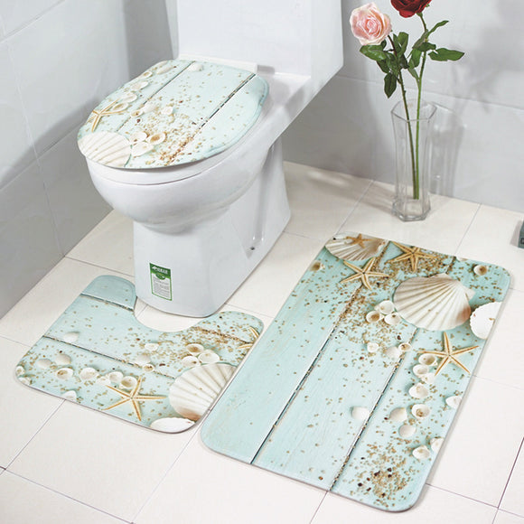 3PCS Toilet Seat Covers Bathroom Set Flannel Starfish Shell Toilet Non-Slip Rug Lid Pedestal Mat