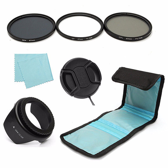 7Pcs 67mm UV CPL Polarizing ND 4 Lens Filter Hood Cap Pouch For Canon Nikon Sony Camera DSLR