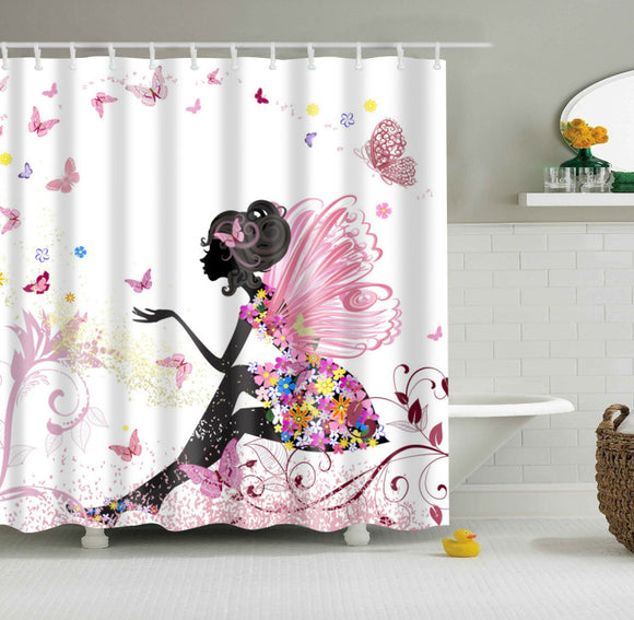 180x180cm Fabric Polyester Pink Butterfly Girl Waterproof Shower Curtain Bathroom With 12 hooks