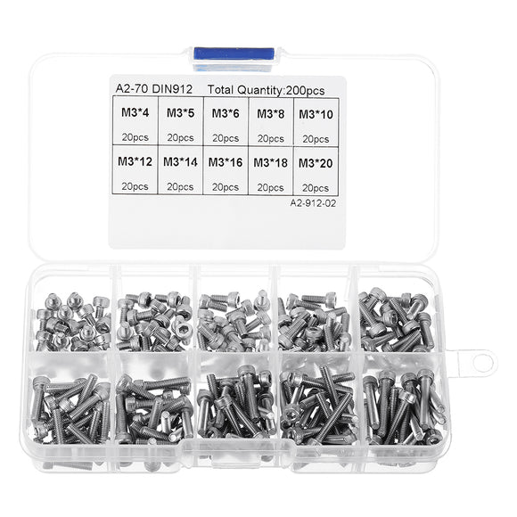 200Pcs M3 304 Stainless Steel DIN912 Screw Hex Socket Cap Screw Bolt for RC Model