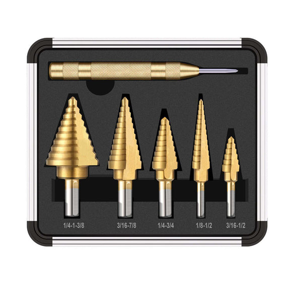 Drillpro 6Pcs HSS Titanium Coated Step Drill Bit With Center Punch Drill Set Hole Cutter Drilling Tool