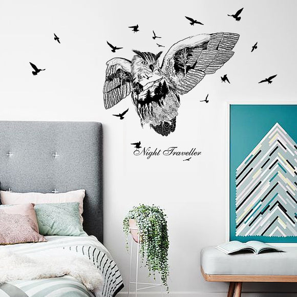 Owl Silhouette Wall Sticker Creative Living Room Wall Decal Bedroom Cartoon Decoration