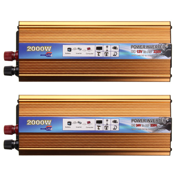 Solar Power Inverter 2000W 12/24V DC To 220V AC USB Wave Converter