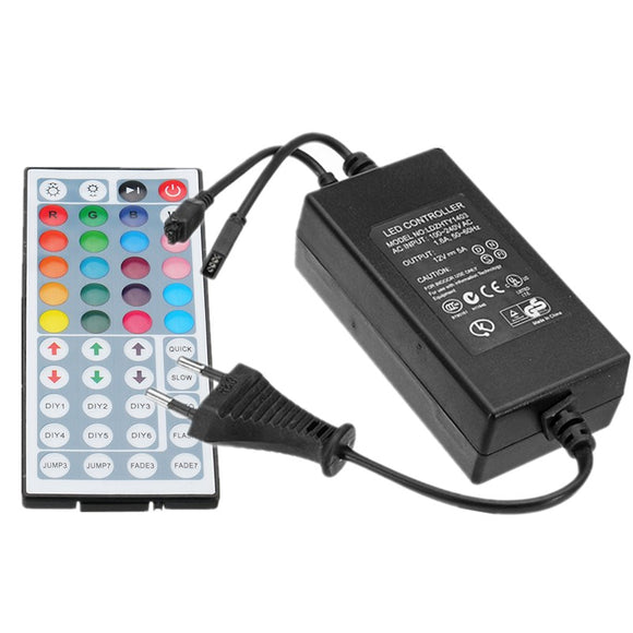 AC100-240V to DC12V 5A 60W EU Plug Power Adapter with 44Keys IR Remote Control for RGB LED Strip
