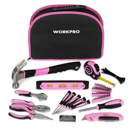 WORKPRO 103pcs Pink Tool Set Ladies Hand Tool Set with Easy Carrying Pouch Home Tool Set for DIY Home Maintenance