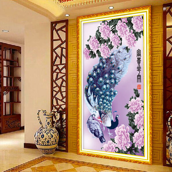 45x73cm 5D DIY Purple Peacocks Diamond Painting Resin Rhinestone Animal Cross Stitch Kit