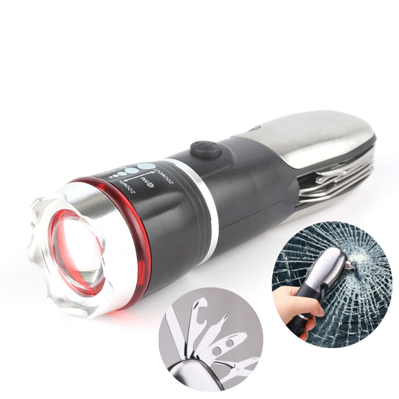 Multi-tool Flashlight 9 In 1 LED Zoomable Focus Torch With Car-Safety Hammer Screwdriver Flashlight