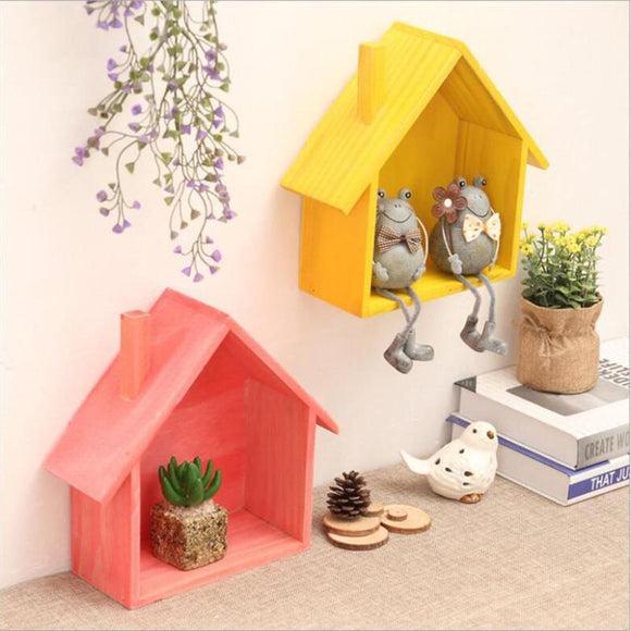 Creative Wood Storage Rack Wooden House Type Living Room Decoration Wall Hook