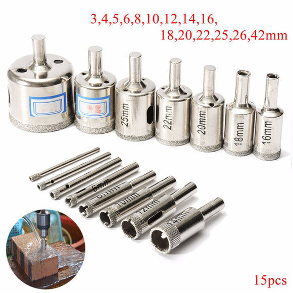 15pcs 3-42mm Diamond Hole Saw Drill Bit Set Tile Ceramic Glass Porcelain Marble Drill Bits