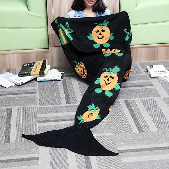 175x90cm Pumpkin Black Knitted Mermaid Tail Blanket Handmade Crochet Throw Super Soft Sofa Bed Mat