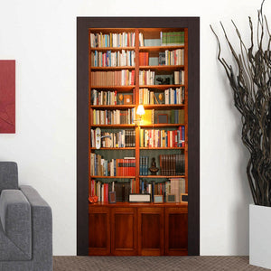 200X77CM 3D Retro Bookshelves PVC Self Adhesive Door Wall Sticker Living Room Mural Decor