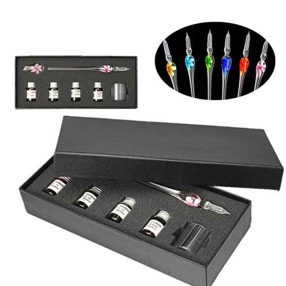 Crystal Glass Dip Pen Set Glass Sign Pen Non-carbon Ink Fountain Signature Writing with Gift Box