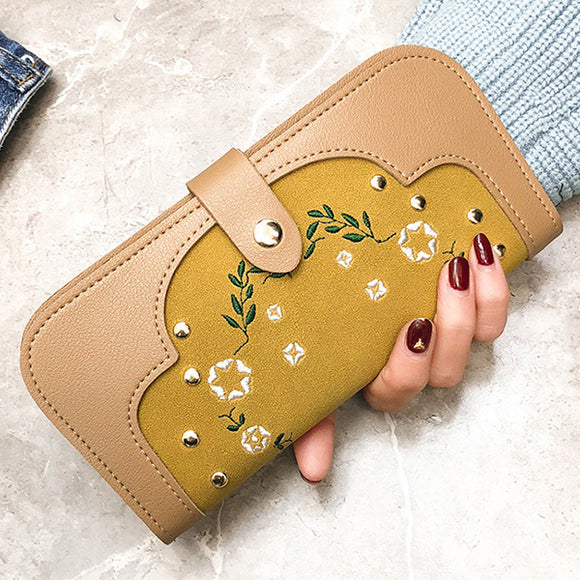 Women Dull Polish PU Leather Flower Pattern Long Wallet Card Holder Purse