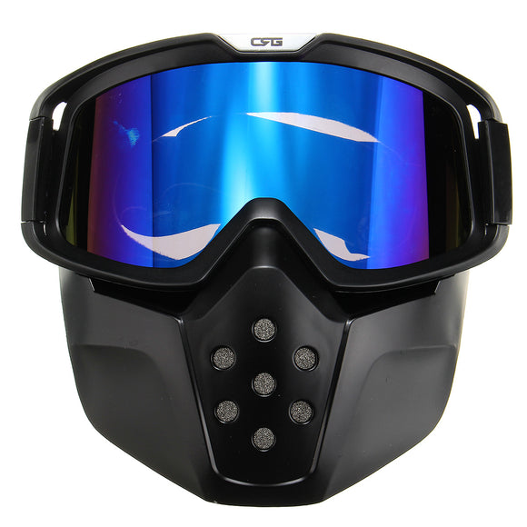 Detachable Modular Face Mask Shield Goggles Blue Lens For Motorcycle Helmet Riding