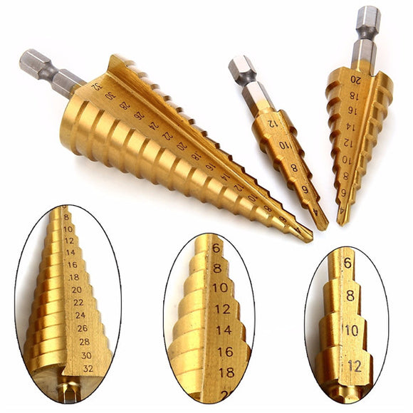 3Pcs HSS Step Drill Bit Set 4-12/4-20/4-32mm Titanium Coated Step Drill Bit 1/4 Inch Shank