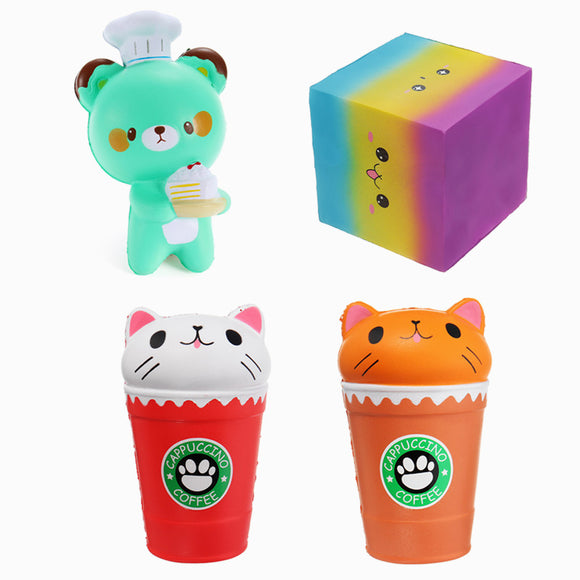 4PCS Cartoon Coffee Cup Bear Square Cake Squishy Slow Rising Toy Package