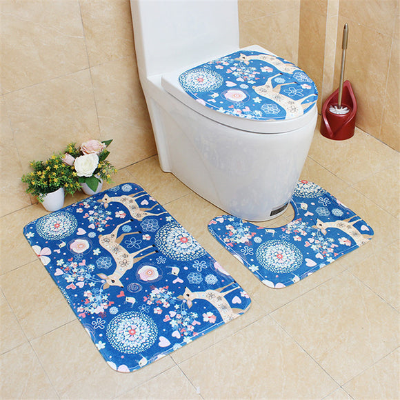 3Pcs Bathroom Cartoon Flannel Toilet Pad Digital Printed PVC Latex Bottom Anti-slip Floor Mat Set