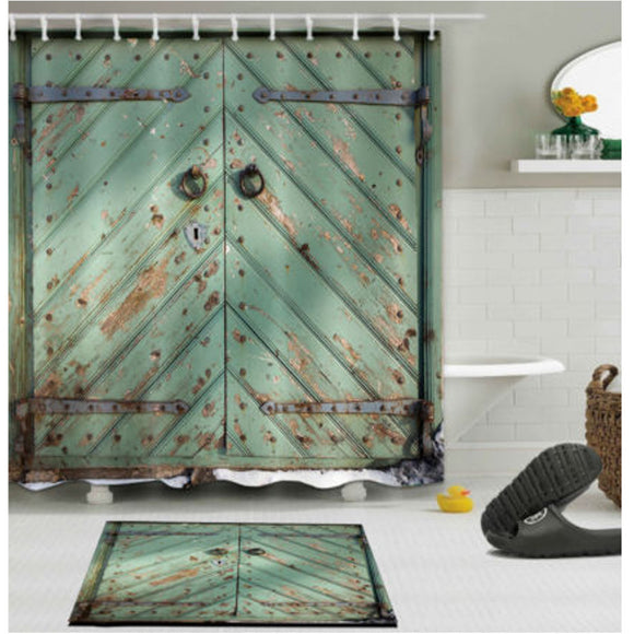180cm x 180cm Rustic Wooden Barn Door Bathroom Waterproof Fabric Shower Curtain Flannel Bathroom Mat