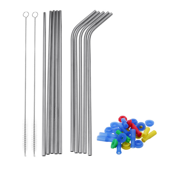22pcs Metal Straw Reusable Drinking Straws Stainless Steel Straight Curved Straw Cleaning Brush Silicone Sleeve+Silencer