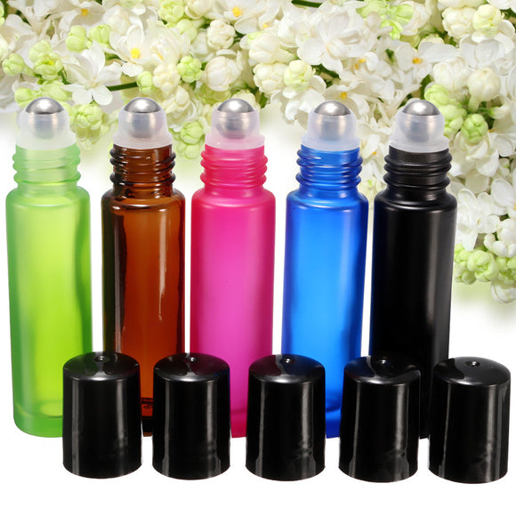 5PCS 10ml 1/3oz 5 Color Roll on Glass Bottles Essential Oil Perfume Roller Ball !
