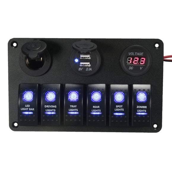 6 Gang LED Rocker Switch USB Charger Cigarette Socket Voltmeter Panel For Car Marine Boat