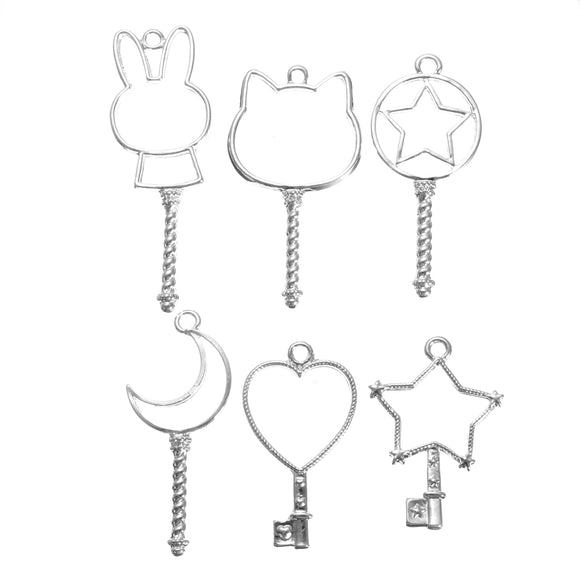6pcs Silver Key Open Bezel Pendant Zinc Alloy UV Resin Frame DIY Pendant