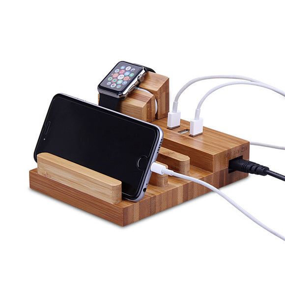 3 in 1 Wooden 3 USB Charging Ports Bracket  Phone Holder Stand for Smartphone Apple Watch