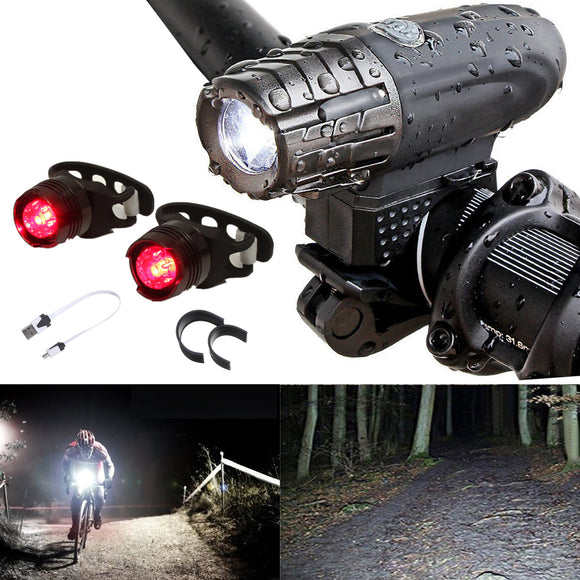 XANES LED Bicycle Front Headlight+2Pcs Rear Tail Light USB Charging