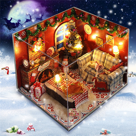 Wooden Dollhouse Furniture Kits LED Light Miniature Christmas Room DIY Dollhouse Puzzle Toy