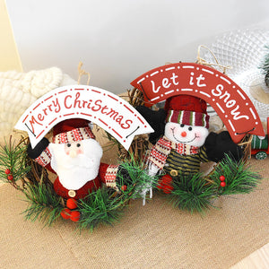 20cm Christmas Wreath for Front Door Hang Garland with Santa Claus Snowman Ornaments Natural Rattan