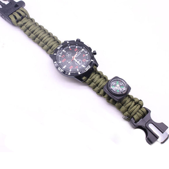 IPRee 6 In 1 EDC Paracord Watch Outdoor Survival Bracelet Tool Kit Compass Knife Flintstone Whistle