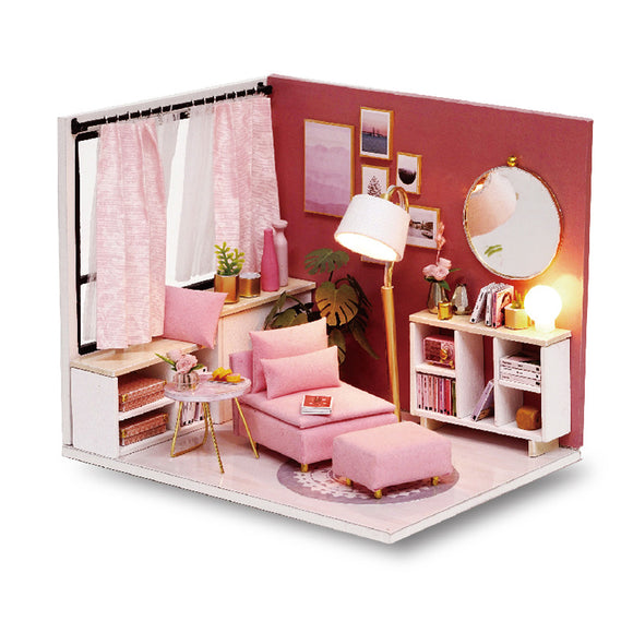 CuteRoom H-017 H-018Happiness Time Living Room Corner DIY Doll House With Furniture Music Light Cover Miniature Model Gift Decor