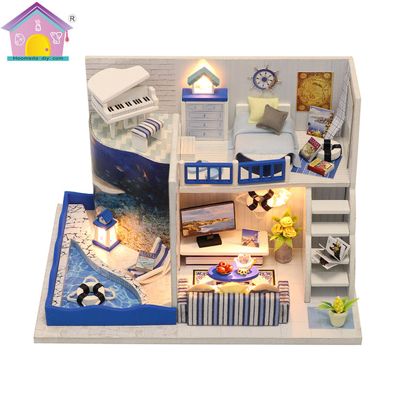 Hoomeda M040 DIY Doll House The Sound of The Sea Miniature Furniture With Cover Music Gift Collection 18cm