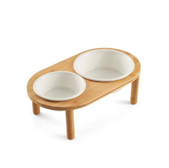 Ceramic Pet Bowl with Sturdy Bamboo Stand for Food and Water Bowls Pet Feeders Two Size Bowls