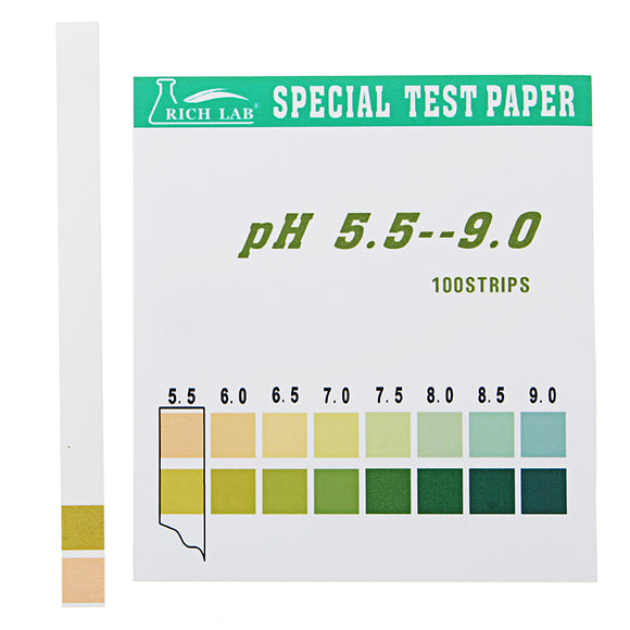 Precision PH Test Strips Short Range 5.5-9.0 Indicator Paper Tester 100 Strips Boxed w/ Color Chart