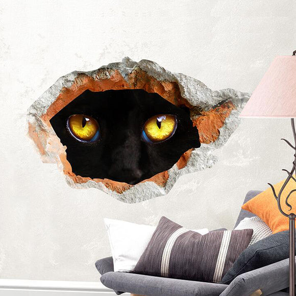 Miico Creative 3D Eyes of Black Cat Broken Wall PVC Removable Home Room Wall Door Decor Sticker