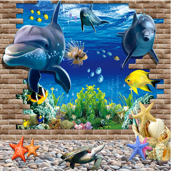 3D Blue Sea World Dolphin Removable Wall Sticker Wallpaper Home Decor