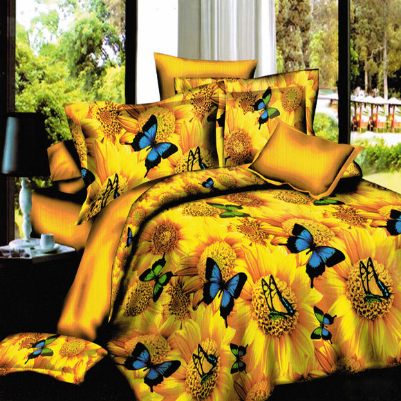 4pcs Suit 3D Golden Sunflower Butterflies Reactive Dyeing Polyester Fiber Bedding Sets